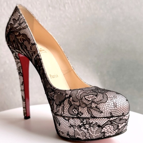 🌺CHRISTIAN LOUBOUTIN 👠 Pink Satin And Black Lace Platform Pump Size: 35.5 - Picture 5 of 13
